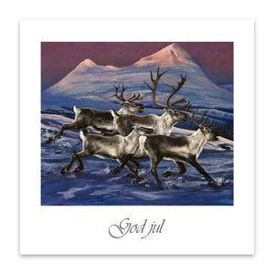 God jul "Fire stykker" er et stemningsfullt julekort med dyremotiv. Motiv fra tresnitt av kunstneren Ivar Nordhagen.