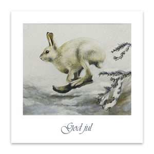 God jul "Hare" er et stemningsfullt julekort med dyremotiv. Motiv fra oljemaleri av kunstneren Ivar Nordhagen.
