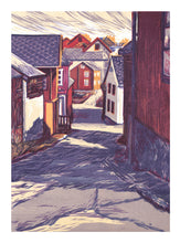 Last inn bildet i galleriviseren, Sol i gatene er et figurativt kunstverk av Ivar Nordhagen, og er innen kunstsjangeren tresnitt.