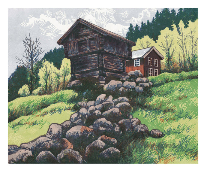 Fjellgard er et tresnitt av Ivar Nordhagen, og er her en reproduksjon i form av gicleetrykk. Kunstkonsept.com