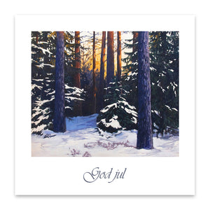 God jul "Desembersol" er et stemningsfullt julekort med landskapsmotiv. Motiv fra oljemaleri av kunstneren Ivar Nordhagen.