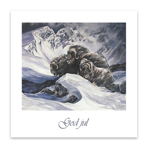 God jul "Frost" er et stemningsfullt julekort med dyremotiv. Motiv fra oljemaleri av kunstneren Ivar Nordhagen.
