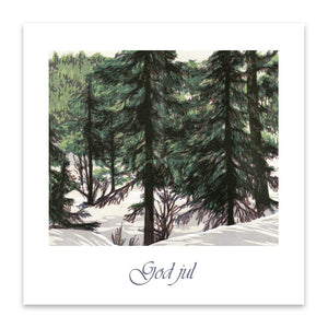 God jul "Senvinter" er et stemningsfullt julekort med dyremotiv. Motiv fra tresnitt av kunstneren Ivar Nordhagen.