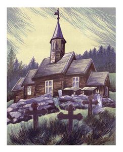 Gammel kirke er et tresnitt av Ivar Nordhagen, og er her en reproduksjon i form av gicleetrykk. Kunstkonsept.com