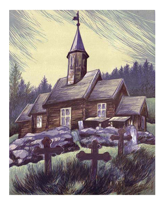 Tresnitt av Gammel kirke, av kunstner Ivar Nordhagen.