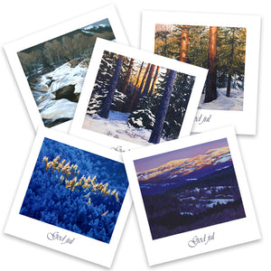 5 pk God jul "Desembersol" er fem stemningsfulle julekort med landskapsmotiv. Motiv fra oljemaleri av kunstneren Ivar Nordhagen.